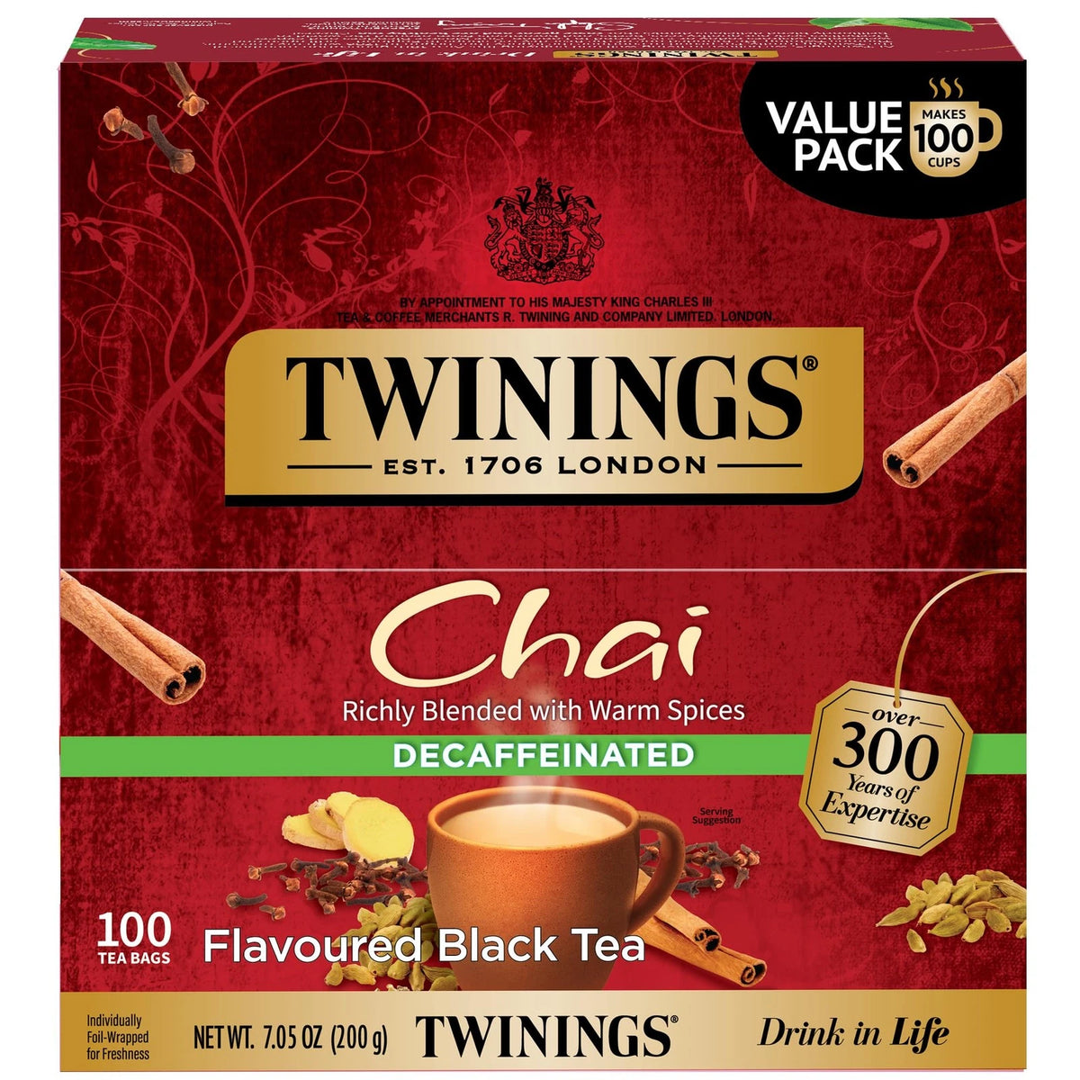 Decaffeinated Chai Tea Bags, 100 Count (Pack of 1)
