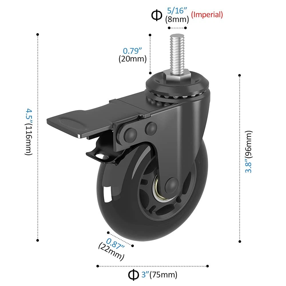 Set of 4 Swivel Stem Caster Wheels 3" (2 with Brake, 2 without) Black