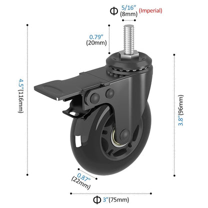 Set of 4 Swivel Stem Caster Wheels 3" (2 with Brake, 2 without) Black