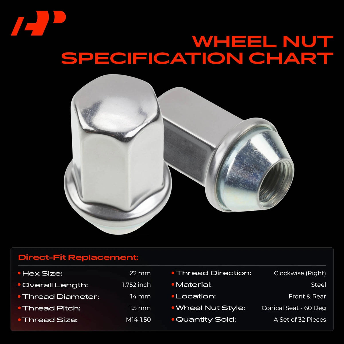 Set of 12 Wheel Lug Nuts for Chevy Silverado 1500 2500 (9596070, 611-236, 611-2361)