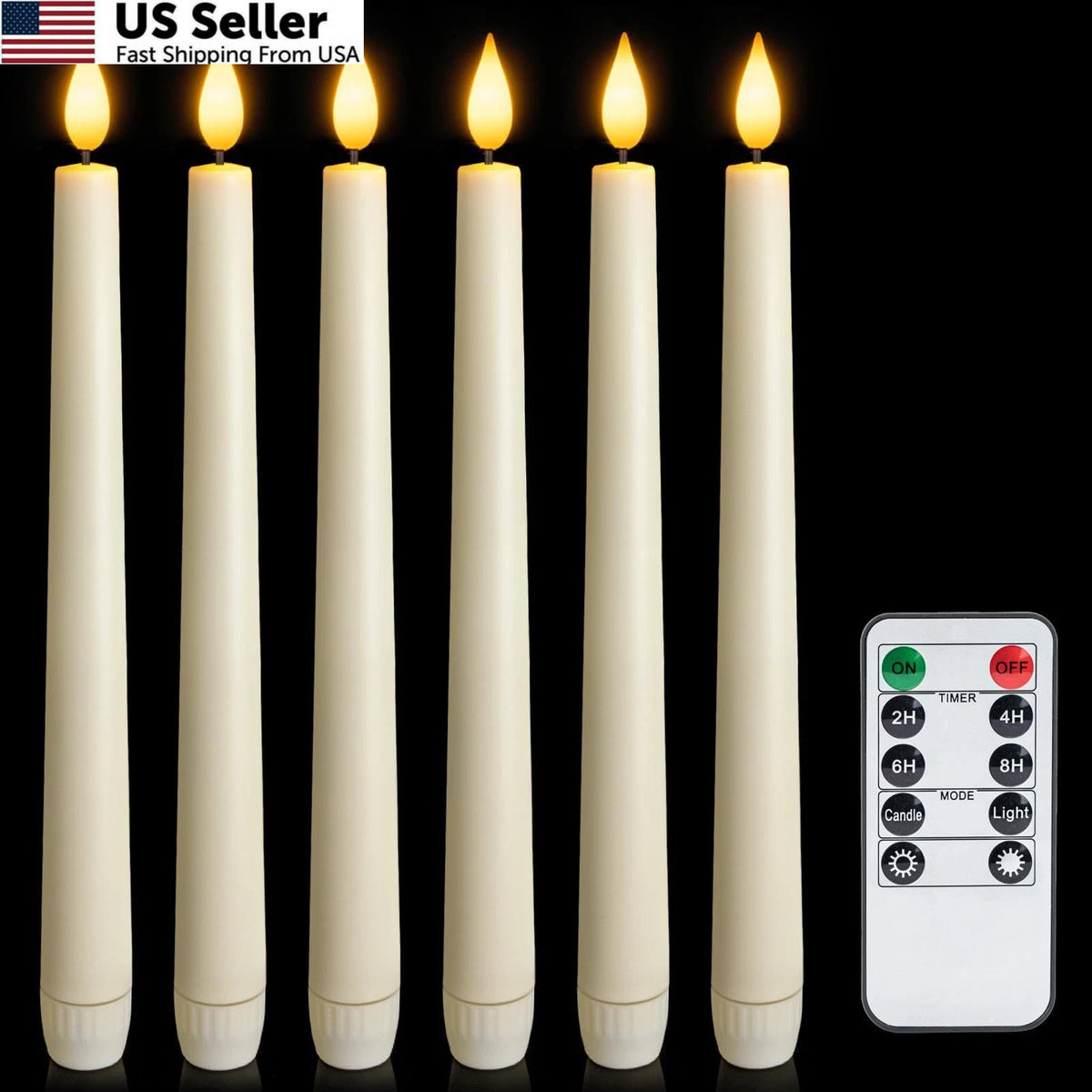 6X Flameless Taper Candles 9.6" Ivory