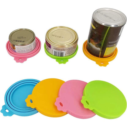 Set of 4 Silicone Pet Food Can Lids - Multiple Sizes (Blue, Green, Orange, Pink)