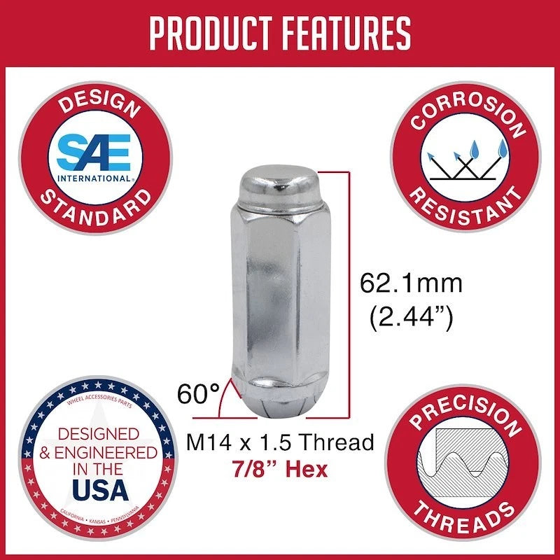 32 Chrome Xtra Long Lug Nut Kit for F250 (2003–2025) M14x1.5 13K848XL