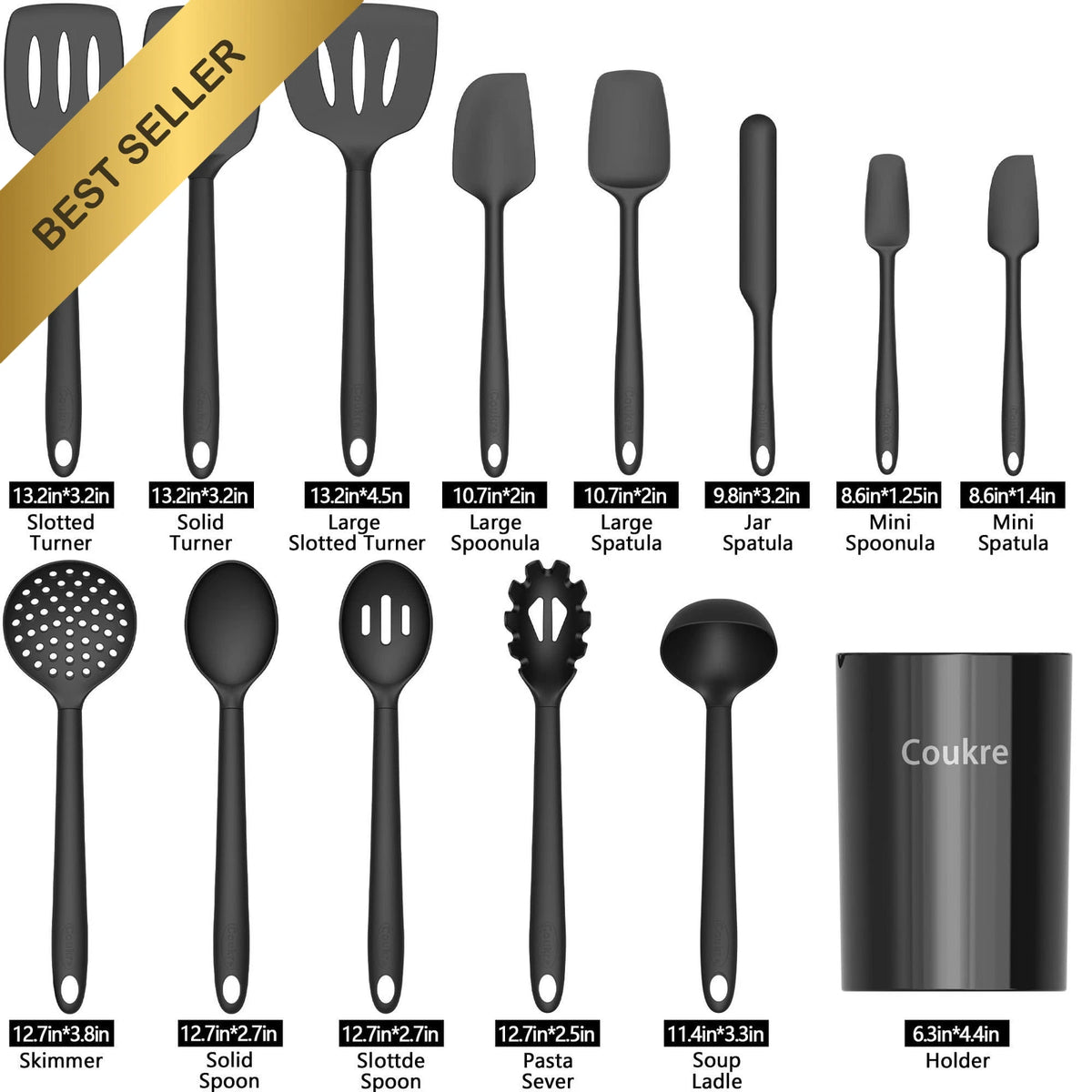 Set of 14 Silicone Cooking Utensils Heat Resistant Non-Stick Black