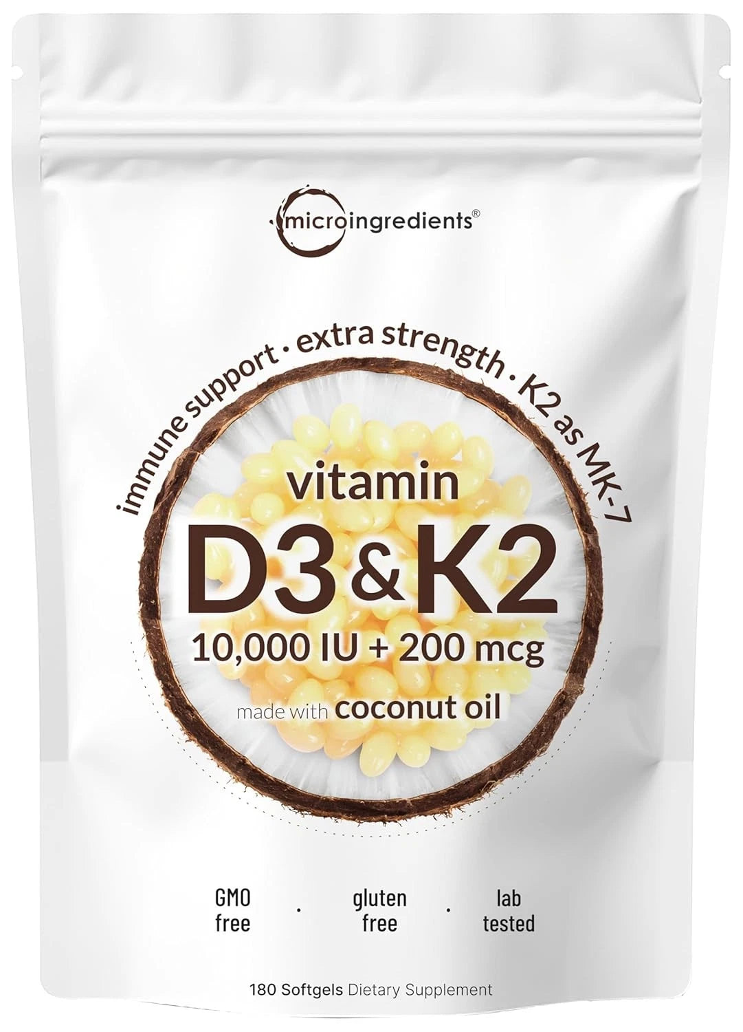Vitamin D3 10,000 IU & K2 MK-7 200 mcg Softgels (180 Count)
