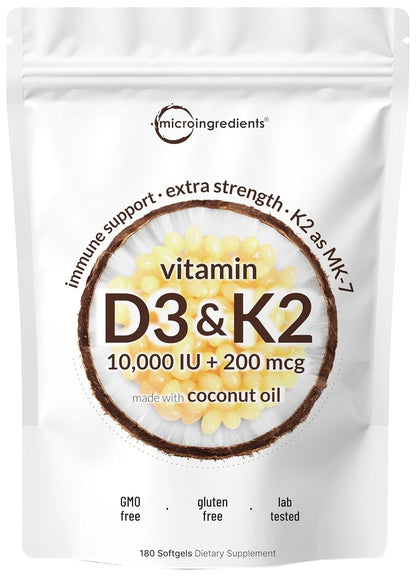 Vitamin D3 10,000 IU & K2 MK-7 200 mcg Softgels (180 Count)