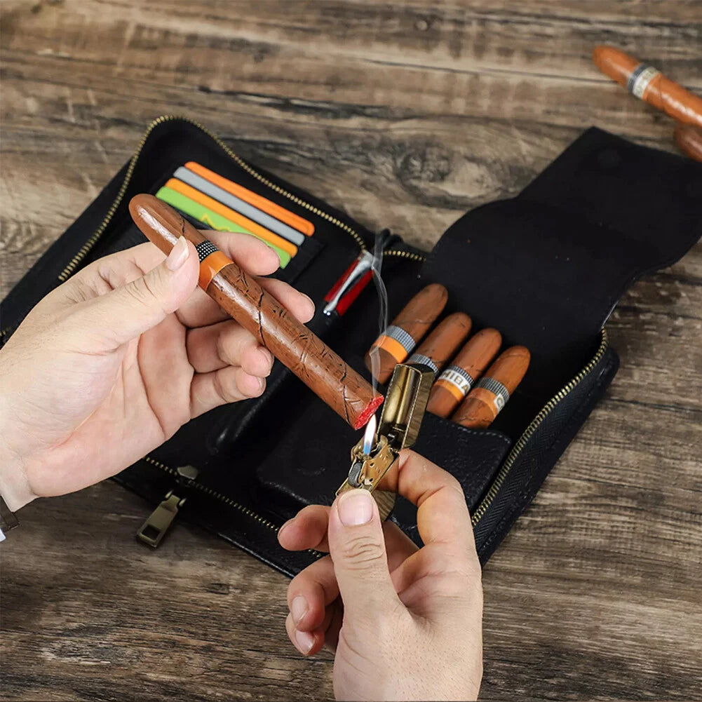 5-Slot Black Genuine Leather Cigar Case with Wrist Strap and Zip Closure