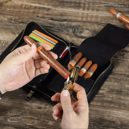 5-Slot Black Genuine Leather Cigar Case with Wrist Strap and Zip Closure