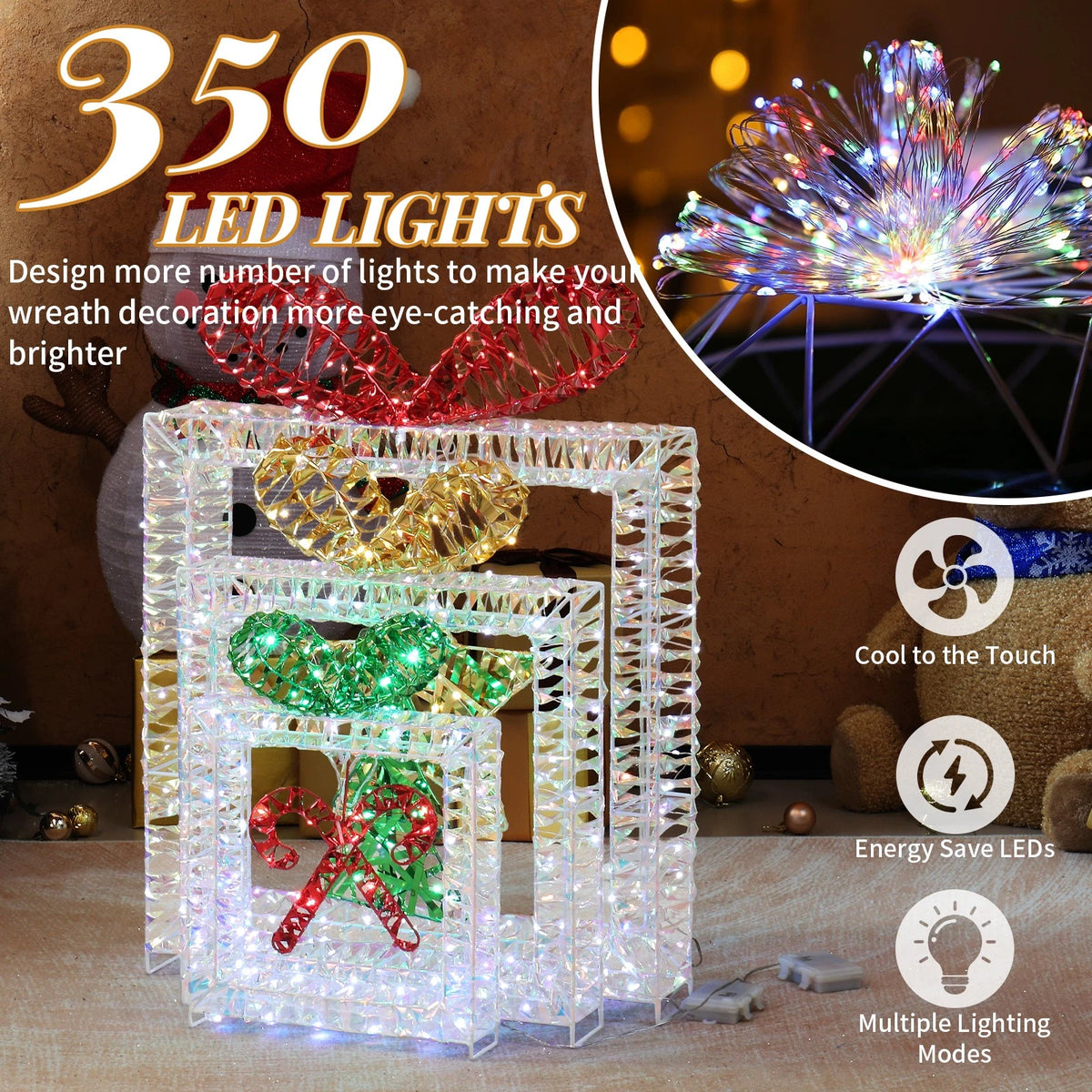 Set of 3 Lighted Iridescent Cut-out Gift Box Christmas Decorations