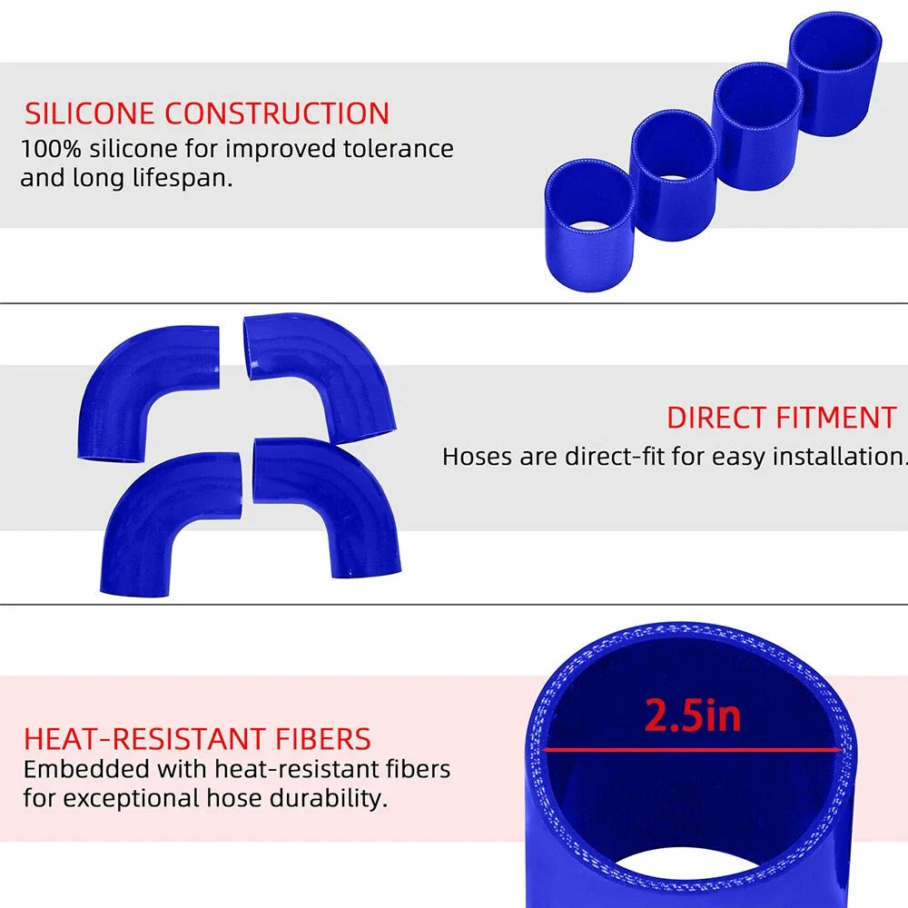 12Pcs 2.5" Intercooler Pipe Kit with Clamps & Blue Silicone Couplers Universal