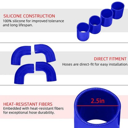 12Pcs 2.5" Intercooler Pipe Kit with Clamps & Blue Silicone Couplers Universal