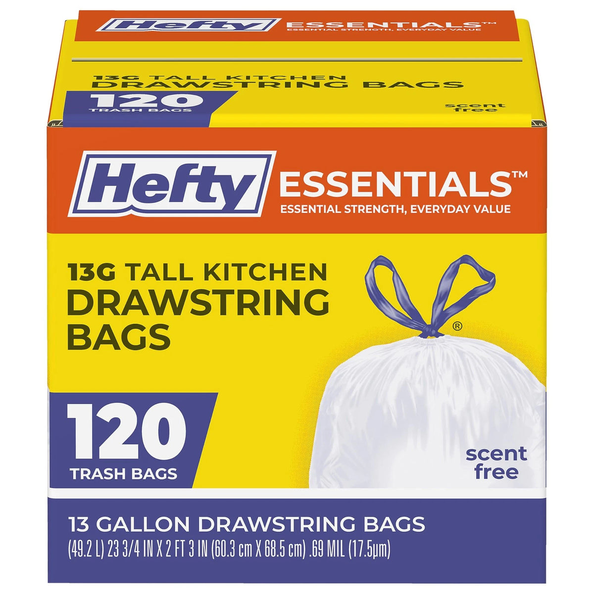 13 Gallon Drawstring Kitchen Trash Bags for Hefty Essentials (Pack of 120)