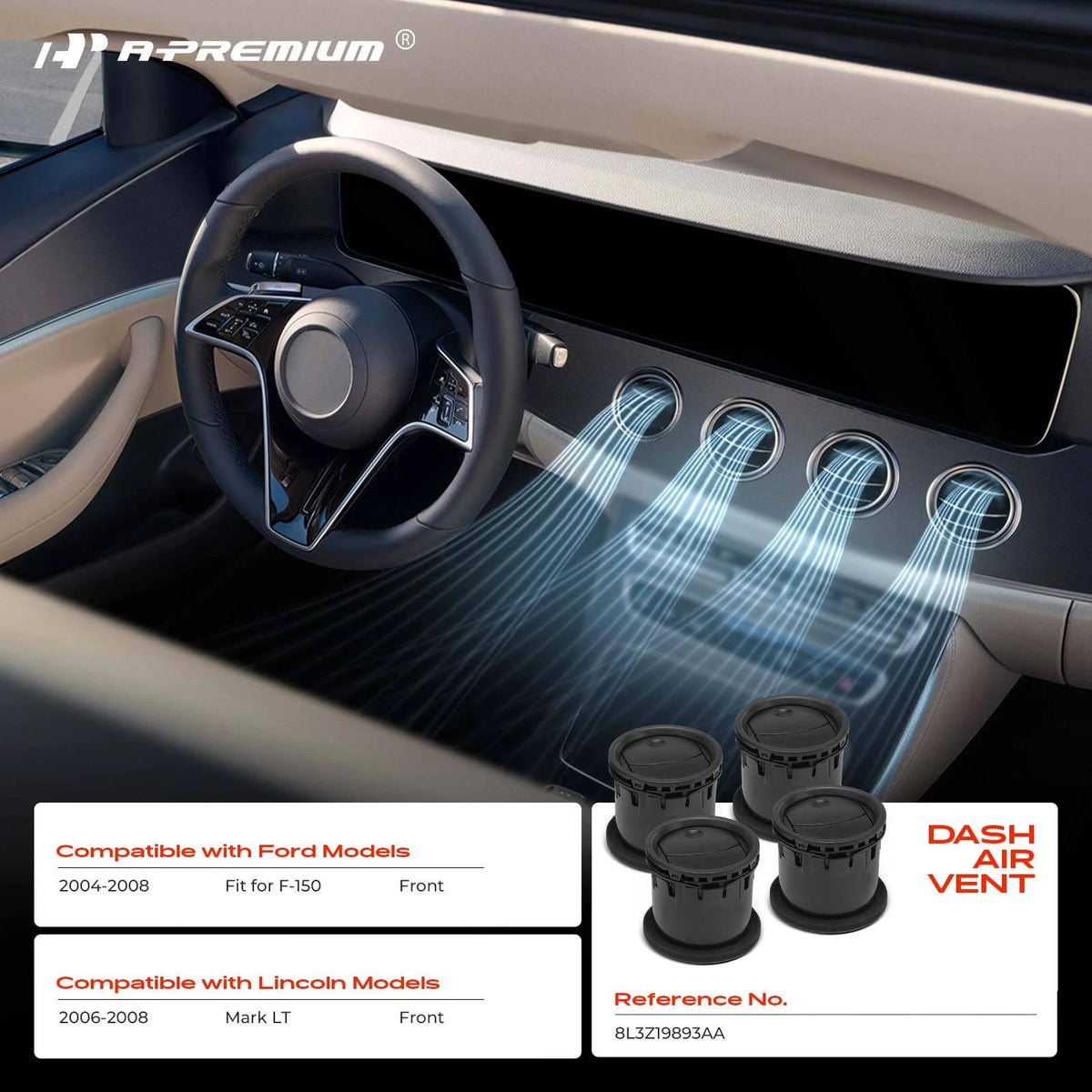 Set of 4 Front Dash AC Heater Air Vents for Ford F-150 (2004–2008) 8L3Z19893AA