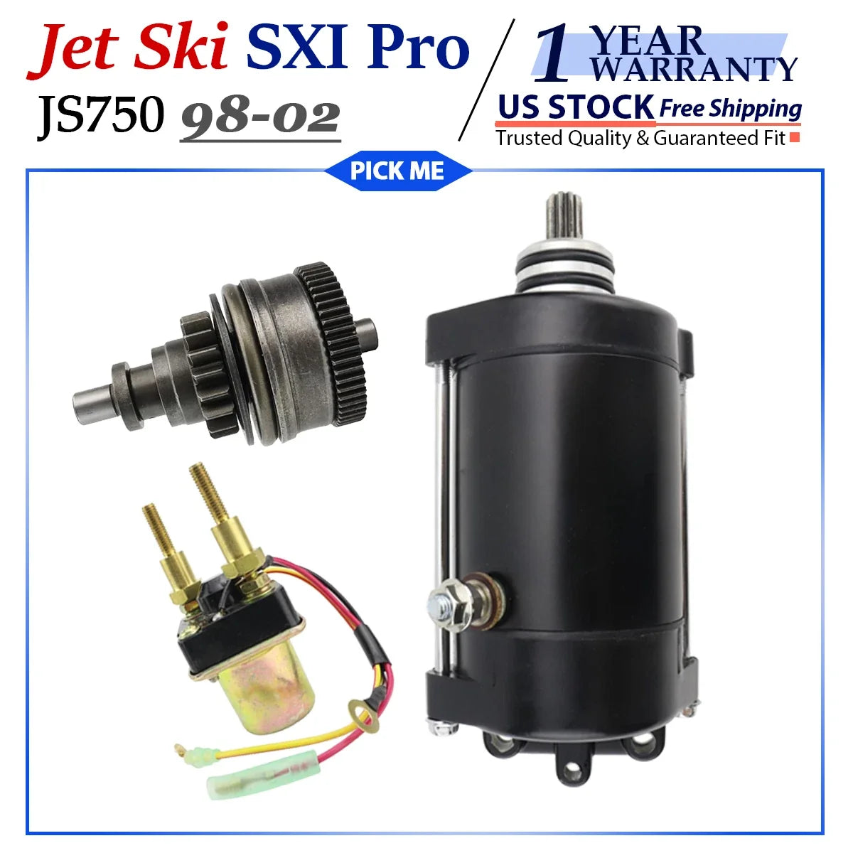 Starter for Kawasaki JS750 Jet Ski SXI PRO (1998–2002) with Bendix & Relay