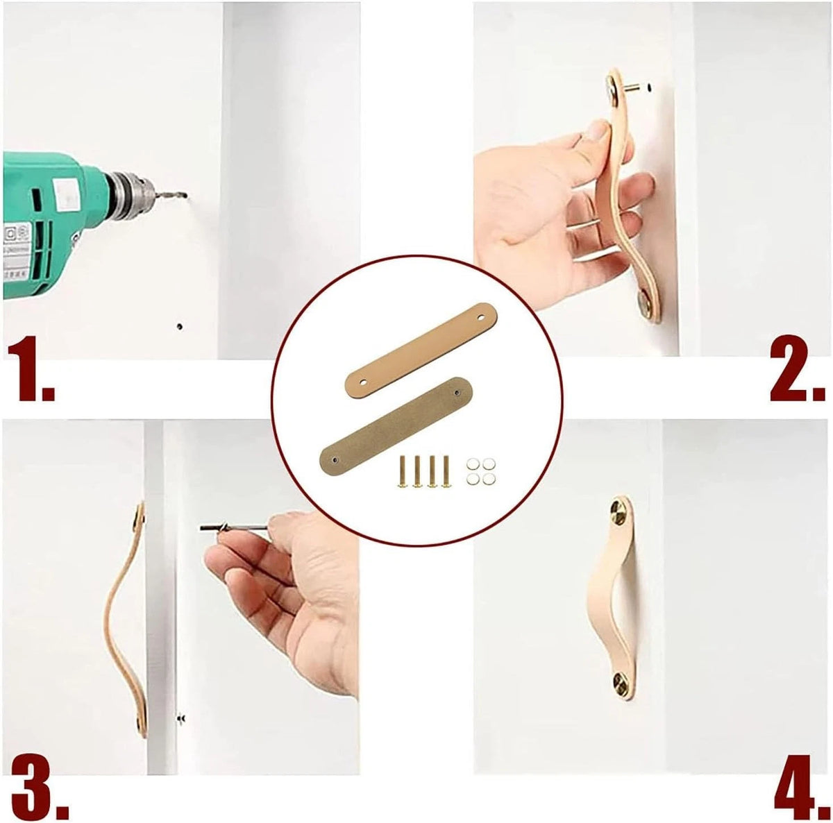 Set of 4 Flesh Tone Leather Handles for Furniture Doors 128mm Screw Spacing