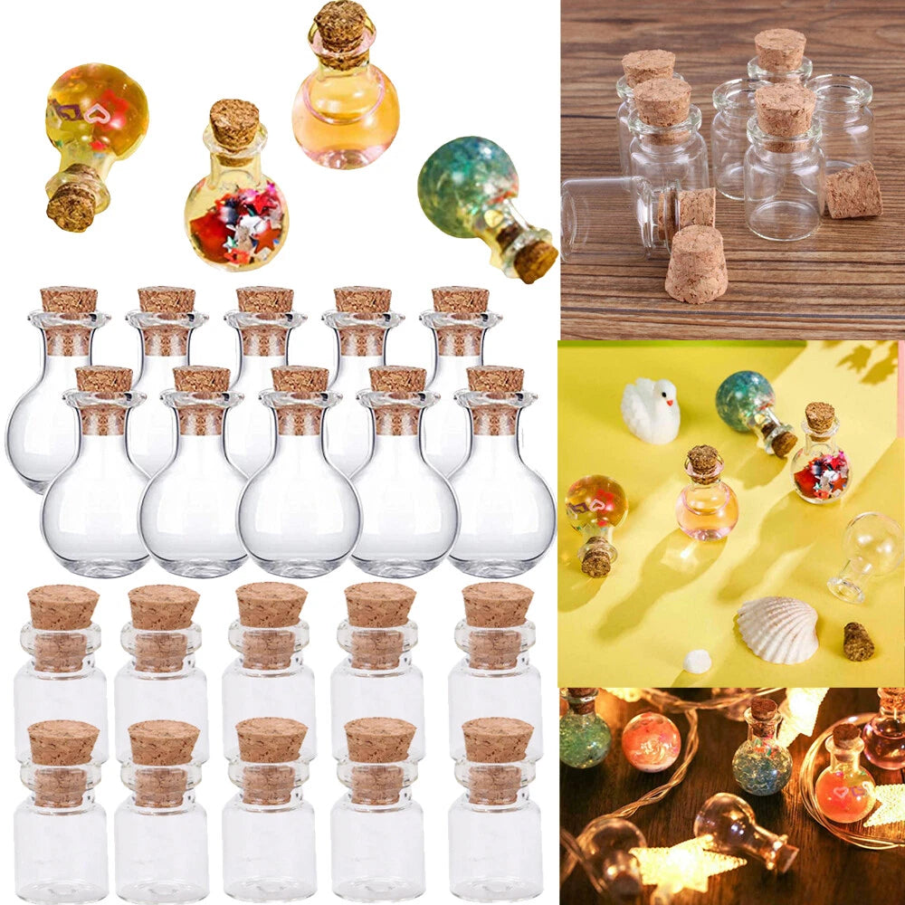 Set of 20 Clear Cork Vials Glass Bottles for Crafts and Wishing (No Part Numbers)