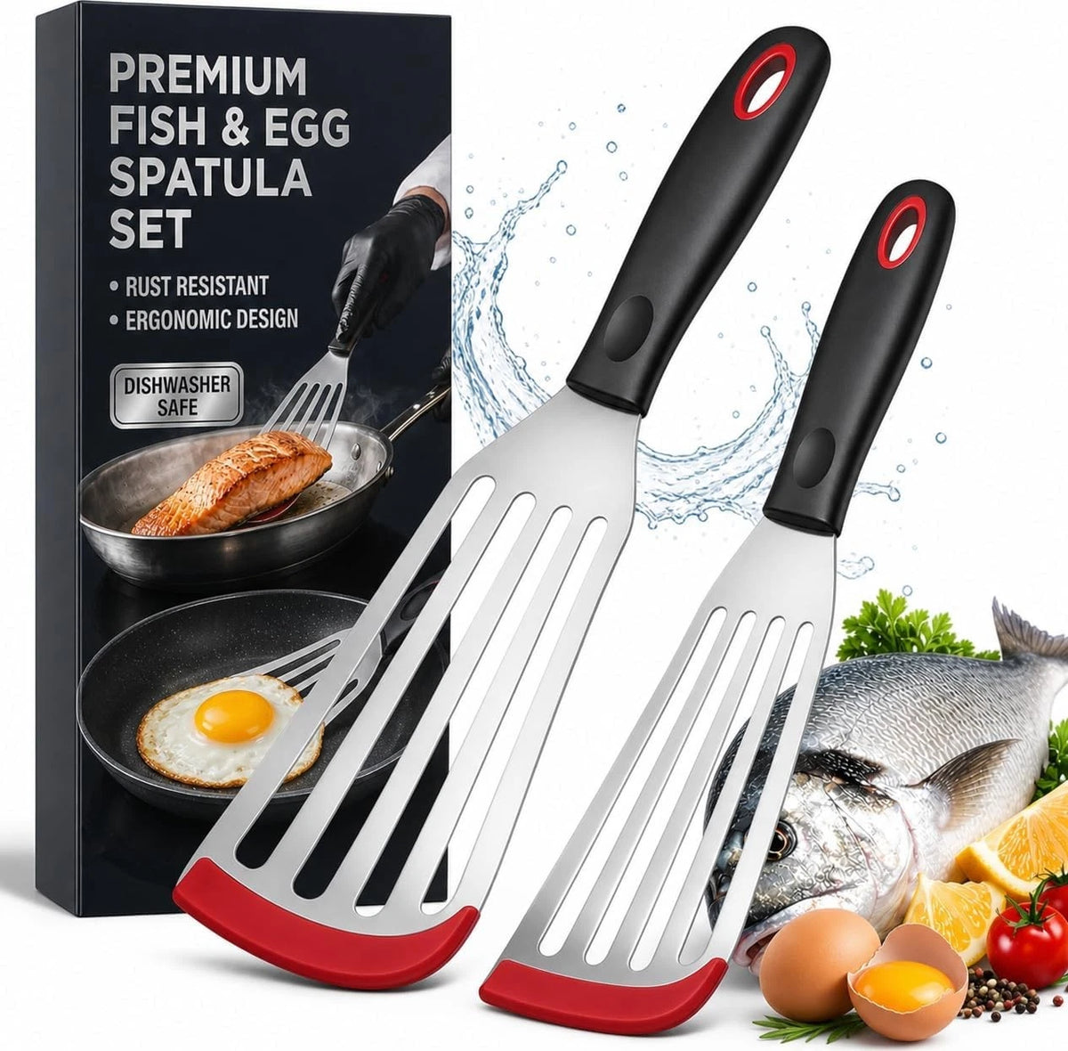 2X Silicone Fish Spatula for Heat Resistance and Stainless Steel Turner