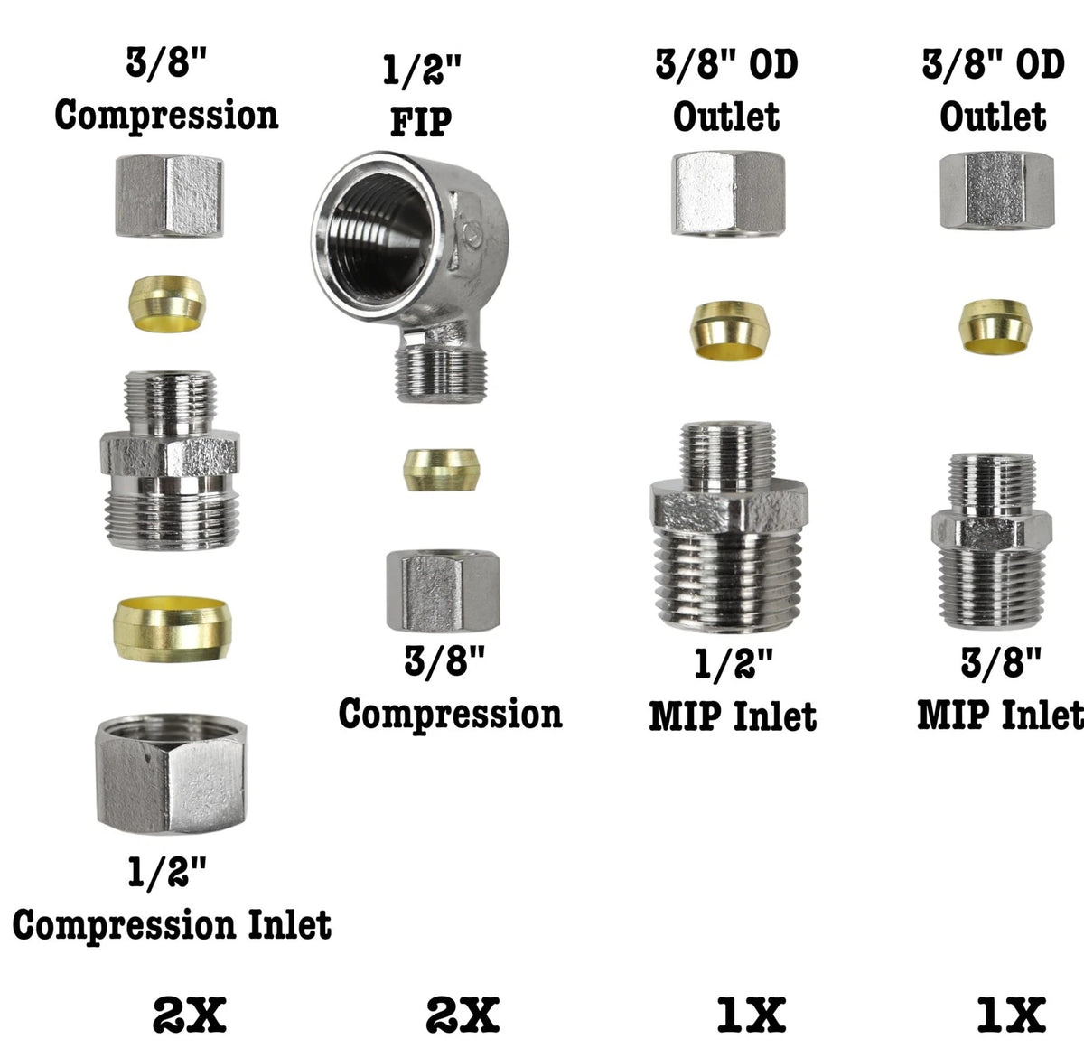 Set of 6 Universal Valve Plumbing Fittings Adapters 1/2, 3/8