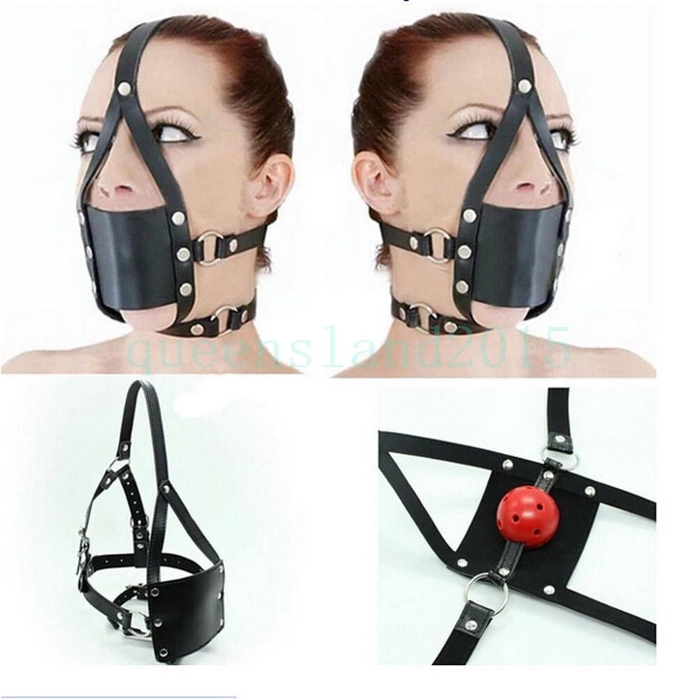 PU Leather BDSM Head Harness Face Mask with Open Mouth Gag Restraint