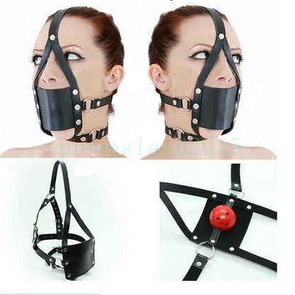 PU Leather BDSM Head Harness Face Mask with Open Mouth Gag Restraint