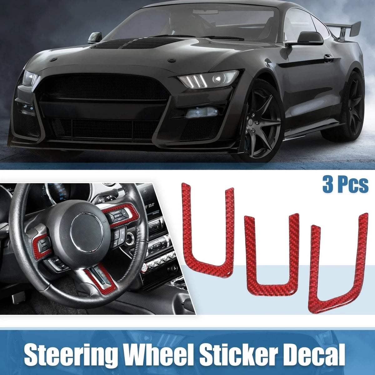3pcs Steering Wheel Insert Cover Trim Stickers for Ford Mustang (2015–2022) Red