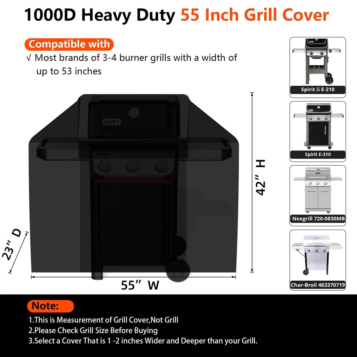 55" Grill Cover for Outdoor 55 Inch (2023) - Heavy Duty Fabric, Black