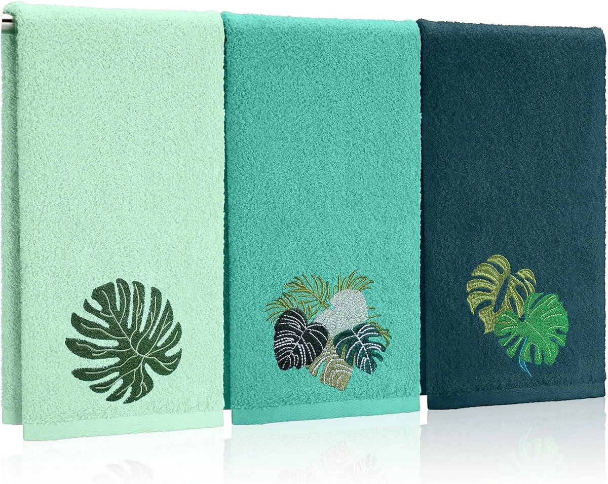 3 Pack Tropical Palm Leaves Hand Towels for Bathroom (100% Cotton)