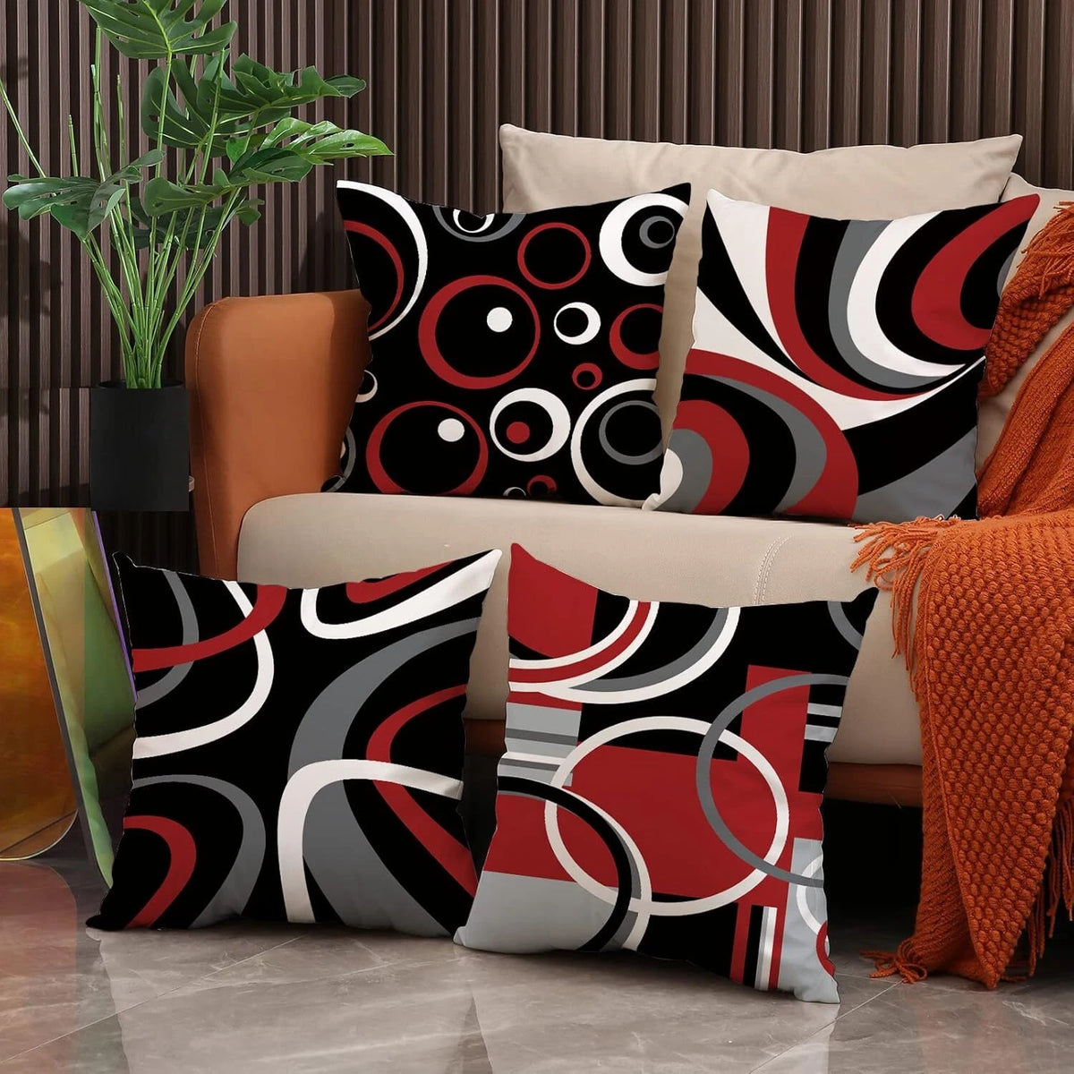 Set of 4 Red and Black 18x18 Throw Pillow Covers for Modern Decor