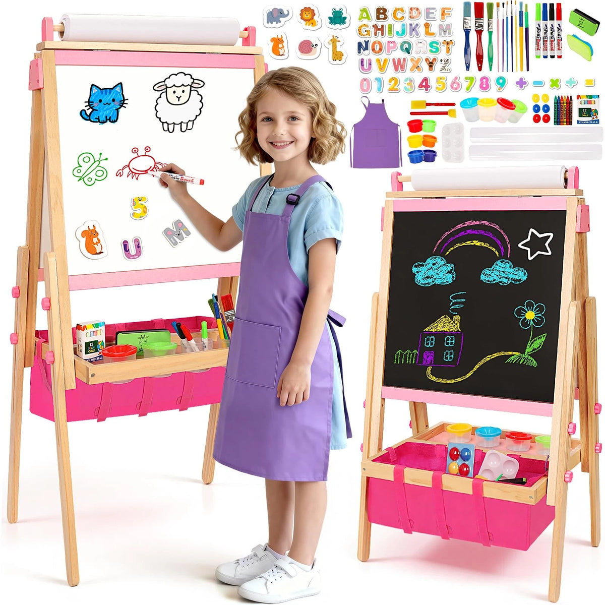 Adjustable Wood Easel for Kids with Art Supplies - Pink