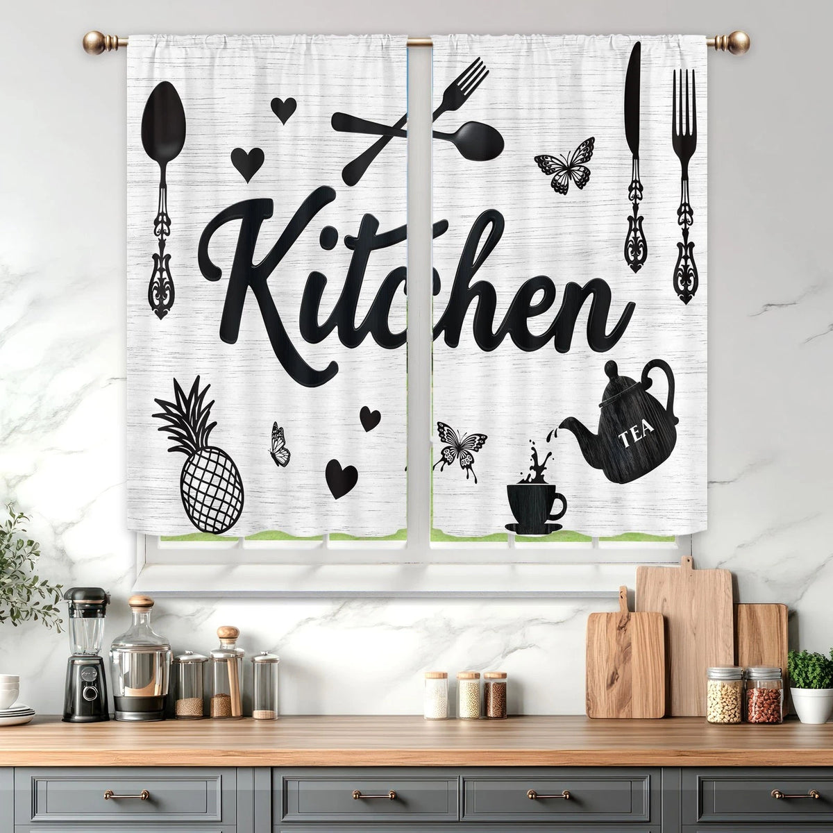 Set of 2 Black and White Kitchen Curtains 27.5x39 Inch Rod Pocket