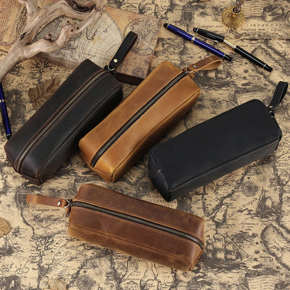 Large Capacity Leather Pencil Case Zip Storage Pouch for Stationery