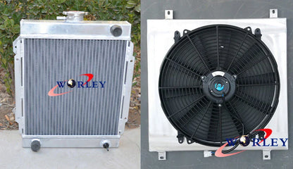 3 Row Aluminum Radiator & Fan & Red Hose for Datsun 1200 B110 (1970-1976)