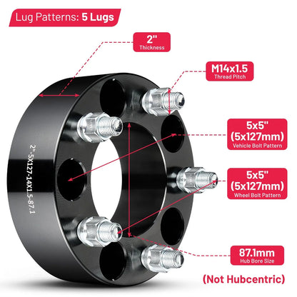 Wheel Spacers 2" 5x5 (5x127) 14x1.5 for Dodge Durango Jeep Gladiator Wrangler (2014–2024)
