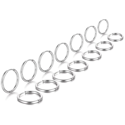 Set of 7 Stainless Steel Hoop Earrings 8-20 mm, Silver