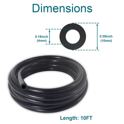 10FT Vacuum Hose for Automotive (10 5/32" - 4mm) with 10 Clamps, Black