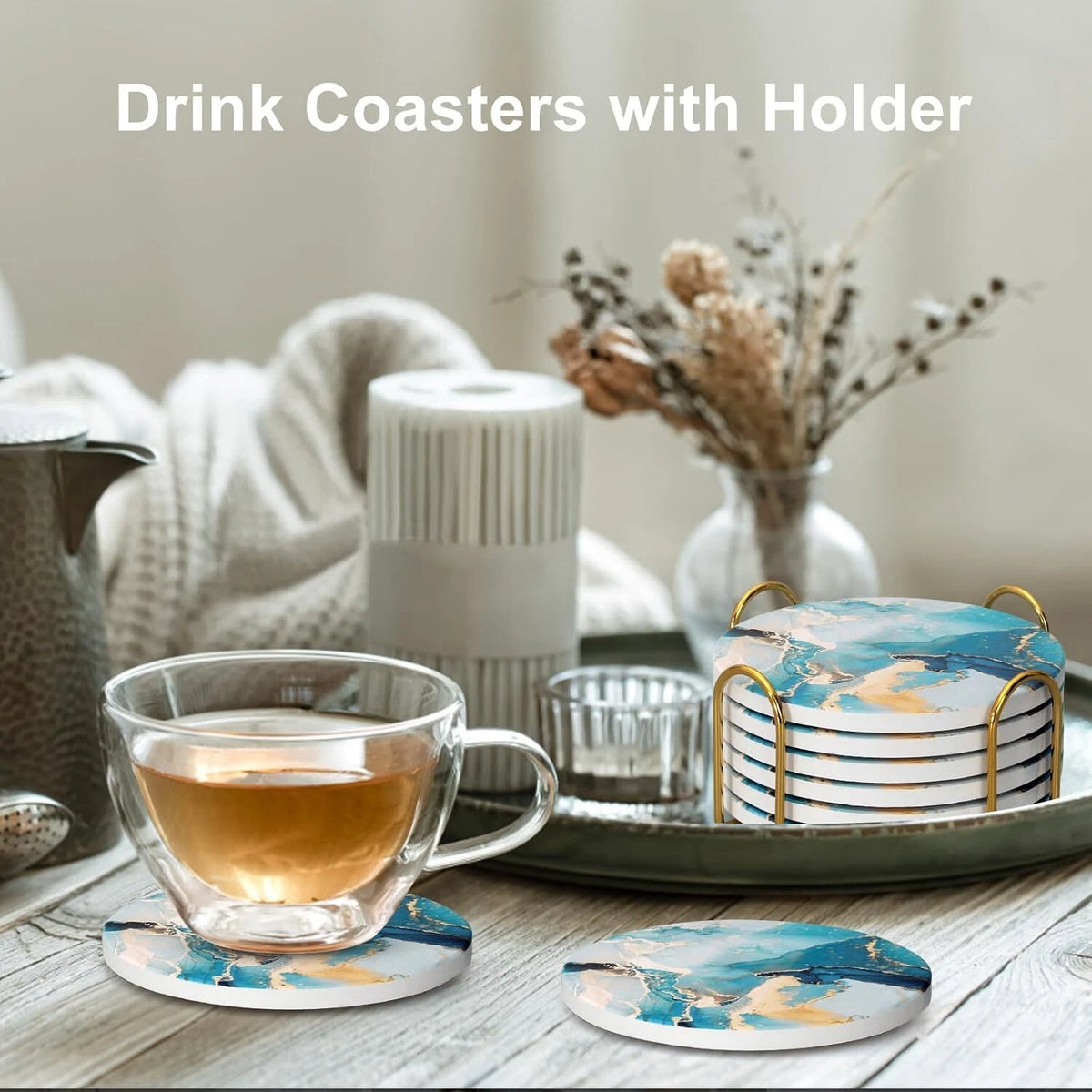 Set of 6 Blue Marble Abstract Ceramic Coasters with Holder