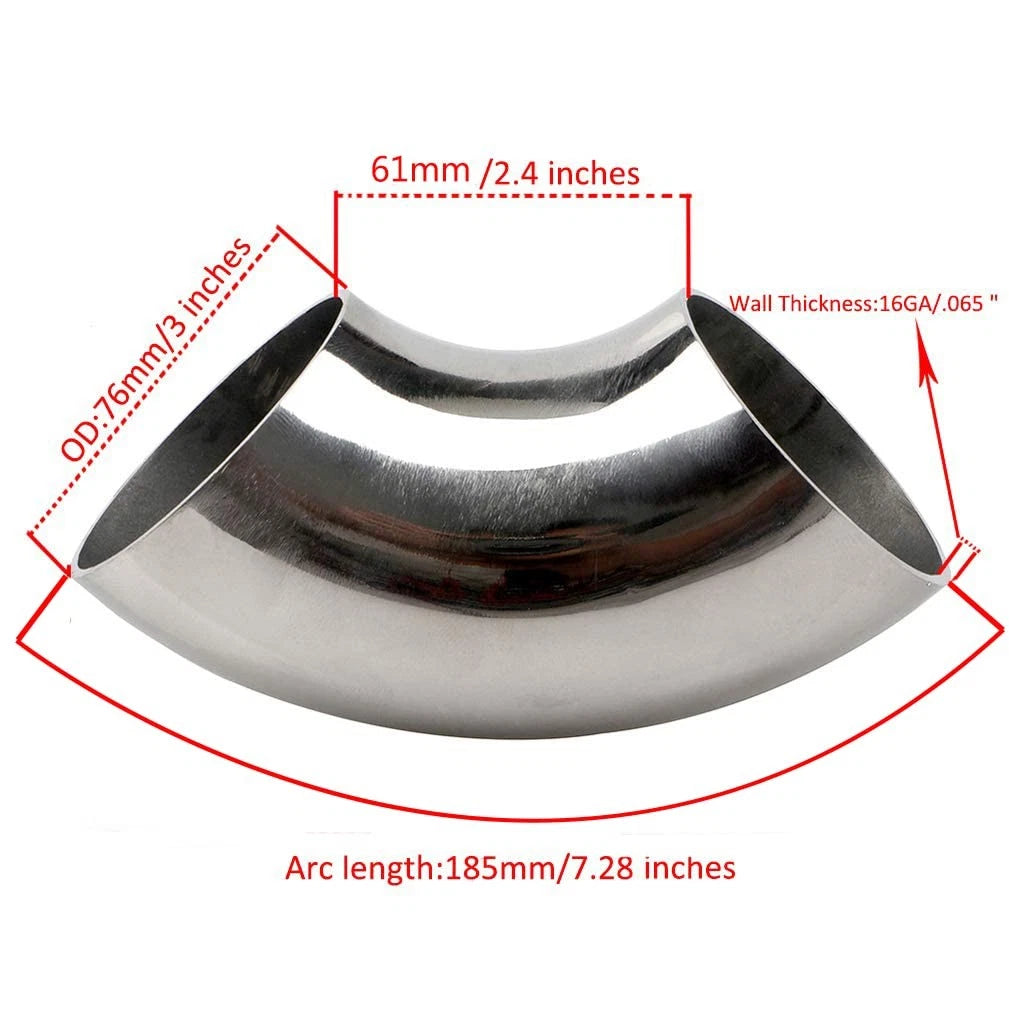 3 Inch Stainless Steel Exhaust Elbow 90° Mandrel Bend (3" OD)