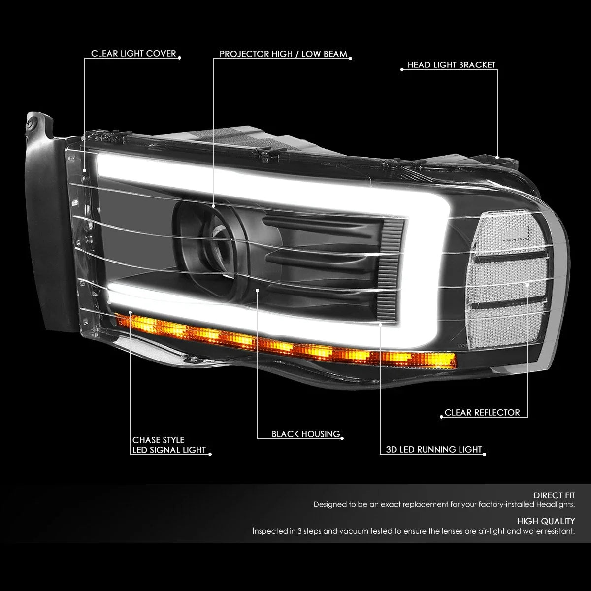 LED DRL Tube Projector Headlights for Dodge Ram (2002–2005)