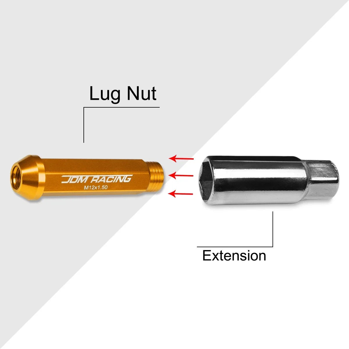 Set of 20 M12X1.5 Orange JDM Open End Conical Wheel Lug Nuts + Extension 25mmx90mm