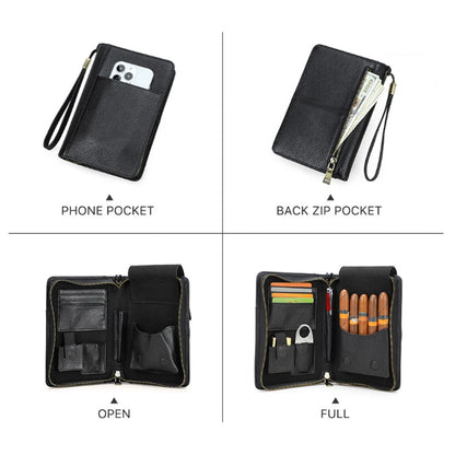 5-Slot Black Genuine Leather Cigar Case with Wrist Strap and Zip Closure