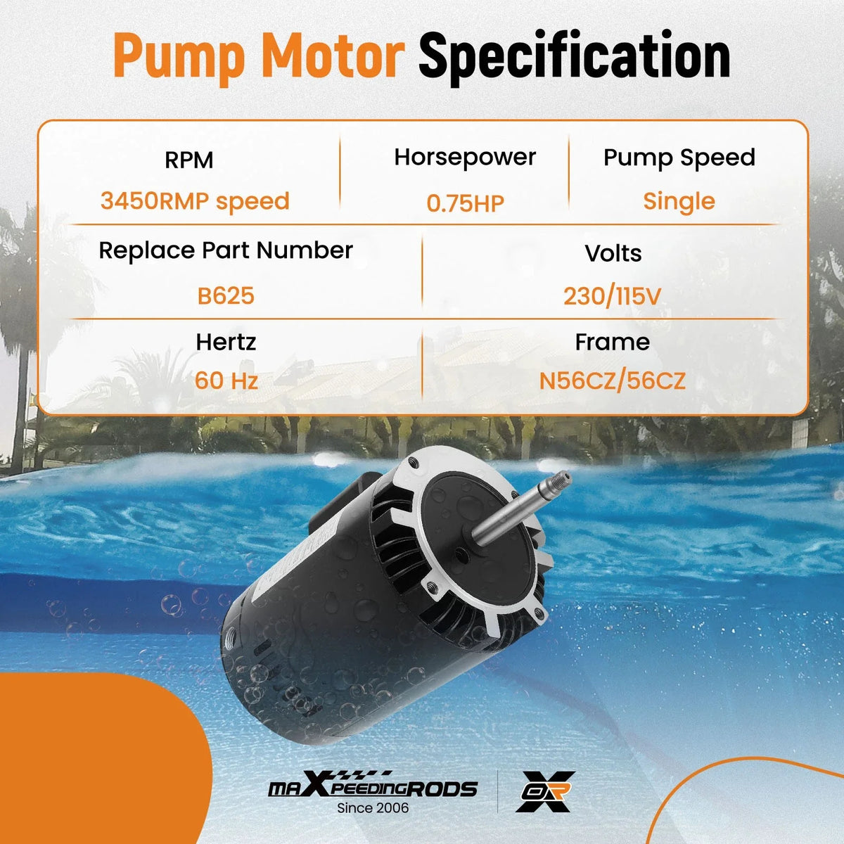 3450RPM Pool Pump Motor for Polaris PB4-60 B625 (2000–2005)