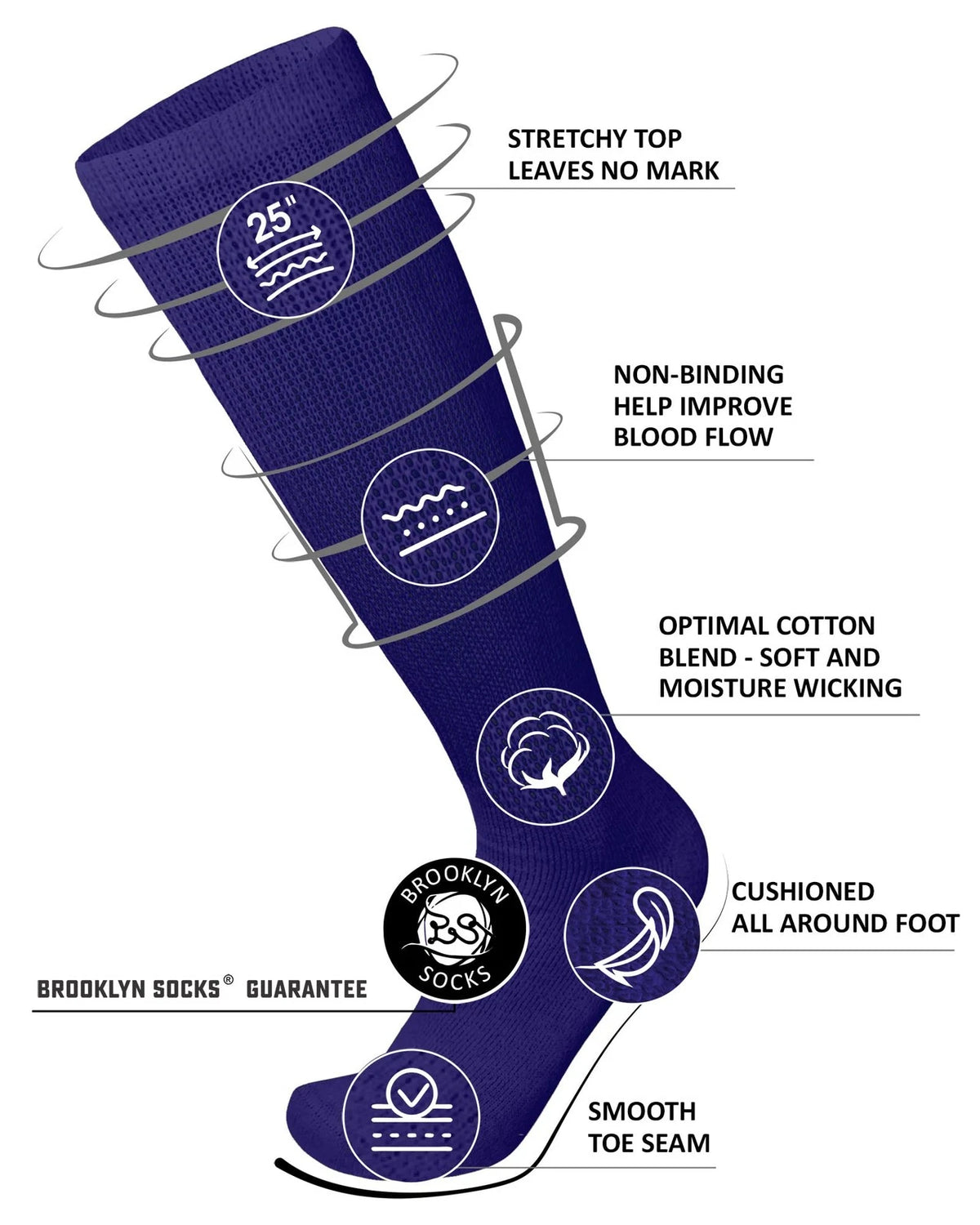 6 Pairs of Knee High Cotton Socks for Diabetics - Navy
