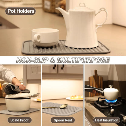 Set of 4 Silicone Trivets for Hot Pots - 9x12in Gray Rectangle