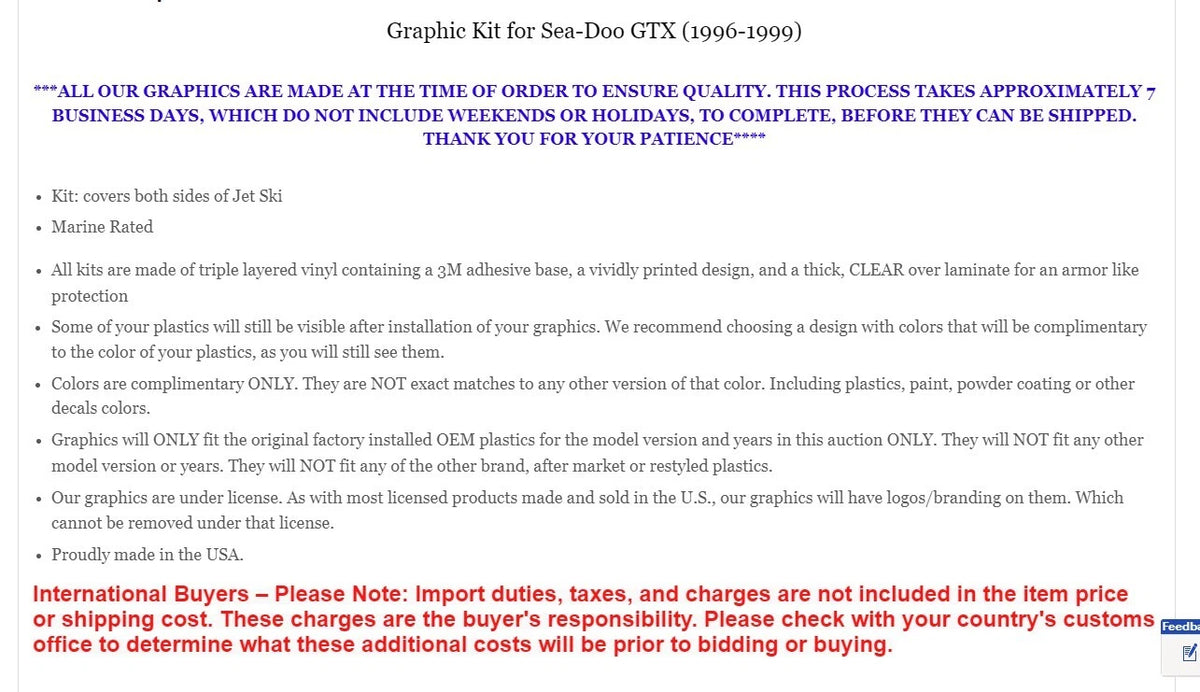 Jet Ski Graphics Decal Sticker for Sea-Doo GTX (1996–1999)