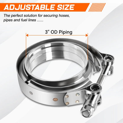 2X 3" OD Stainless Steel V-Band Clamp & Flange Set for Universal Applications