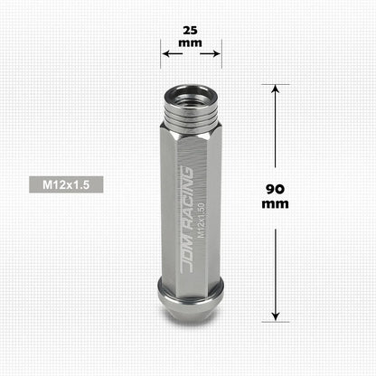 Set of 20 JDM M12X1.5 25mm OD 90mm Tall Gun Metal Open-End Lug Nuts + Key