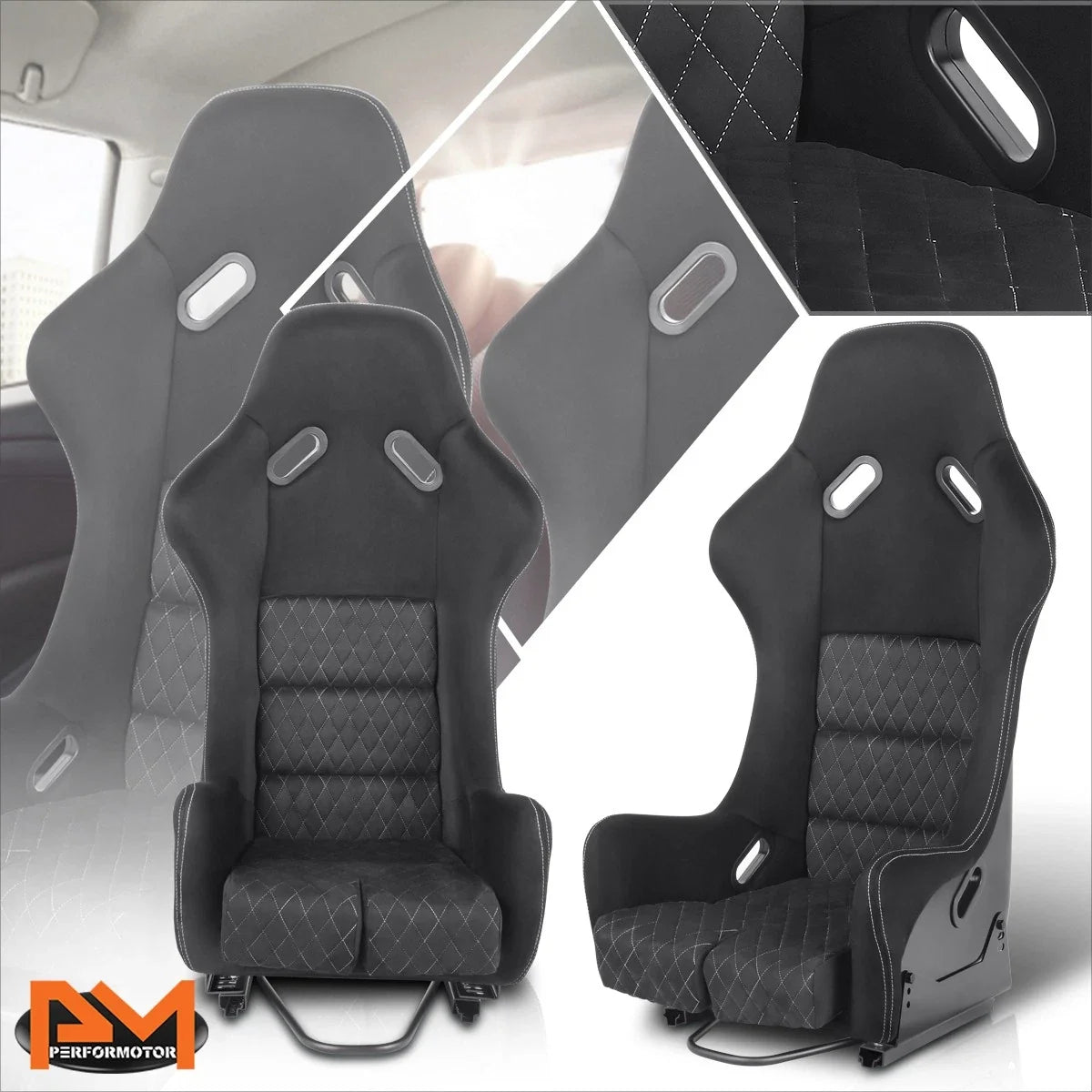 Pair Racing Bucket Seats for Universal Fit (Suede Leather, Black)