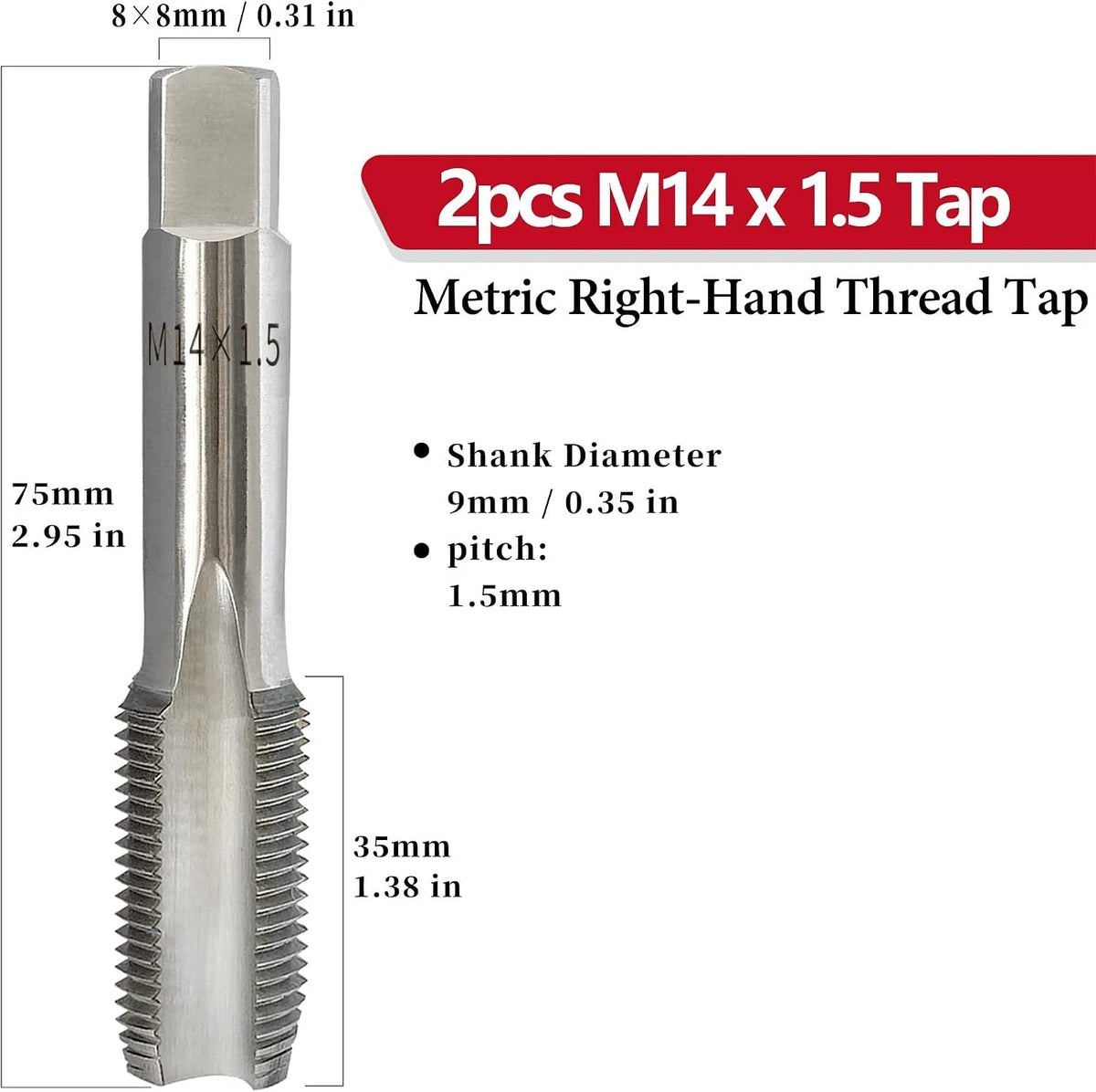 2Pcs M14x1.5mm Metric Thread Tap for Automotive (HSS 6542)