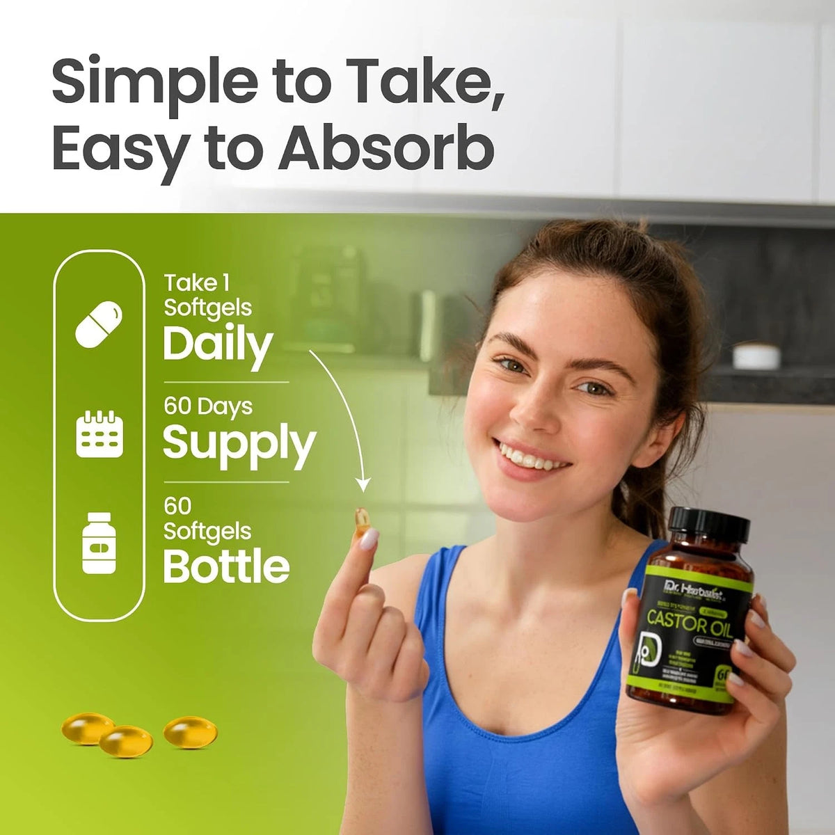 Castor Oil Capsules 1600mg Cold Pressed Ricinus Communis Oil Softgels