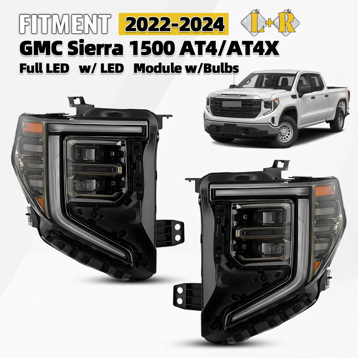 Full LED Headlights Left & Right Pair for GMC Sierra 1500 AT4 AT4X (2022–2026)